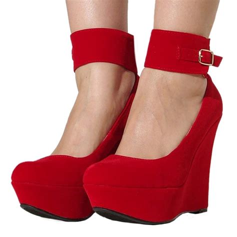 red ankle strap platform wedge sandals